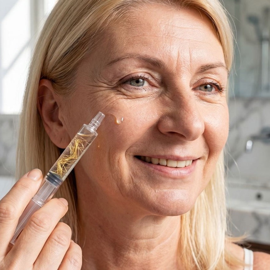 Kobieta nakłada serum GoldLift kosmetyczną strzykawką bez igły