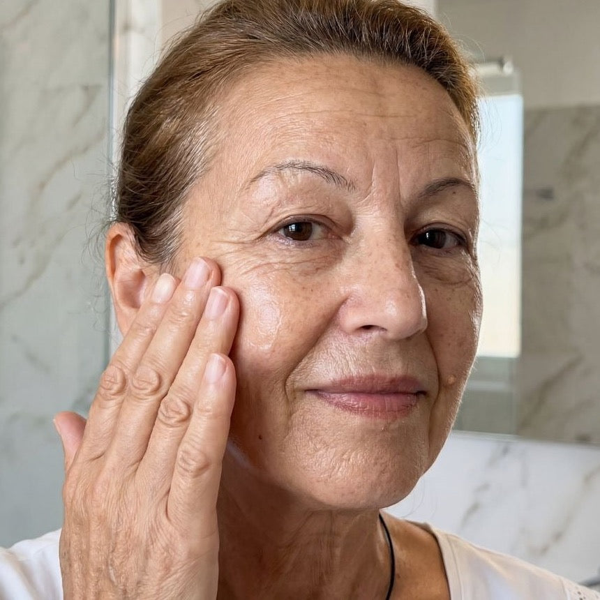 Kobieta wmasowuje serum w policzek podczas swojej rutyny
