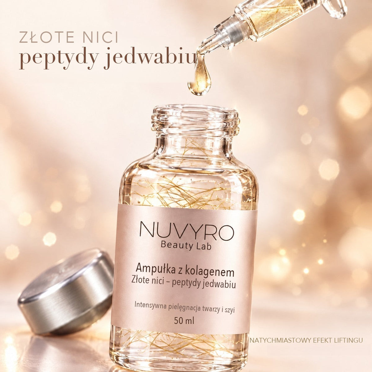 Kropla serum ze złotymi nićmi i peptydami jedwabiu